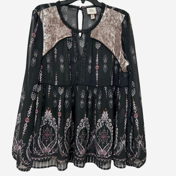 Knox Rose Sheer Black Velvet  Babydoll Balloon Sleeve Blouse Whimsigoth Boho XXL - Picture 1 of 12